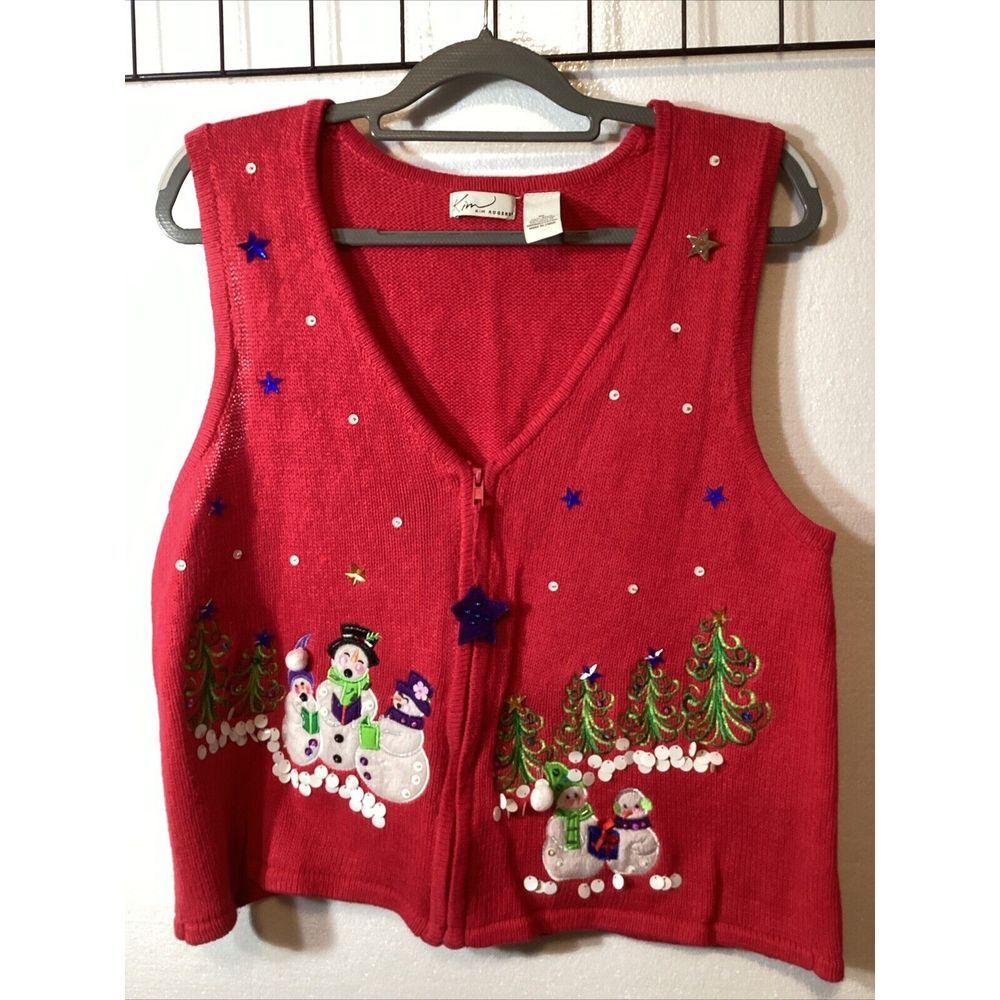 Kim Rogers Christmas Sweater Vest Women XL Red Snowmen Tree 58850